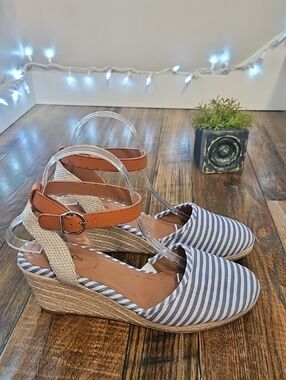Style & Co. Navy and White Striped Wedge Espadrilles with Tan Ankle Strap